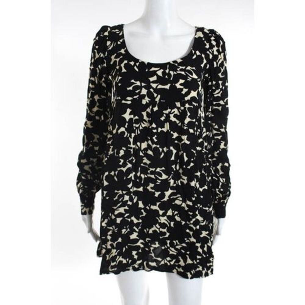 Topshop Black Beige Abstract Print Long Sleeve Dress Size Petite 10